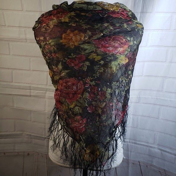 Vintage Beautiful Boho Red Rose Sheer Black Fringe Scarf Rayon Womens 40x37 - Picture 3 of 10